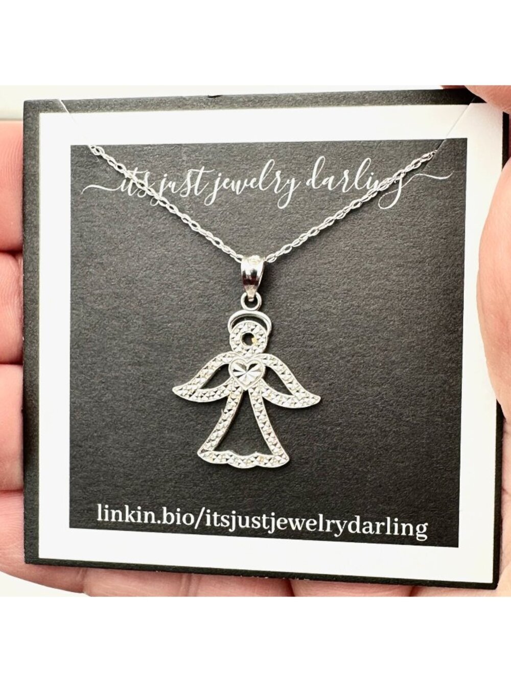 14K White Gold Womens Necklace Angel Heart Pendant 18"